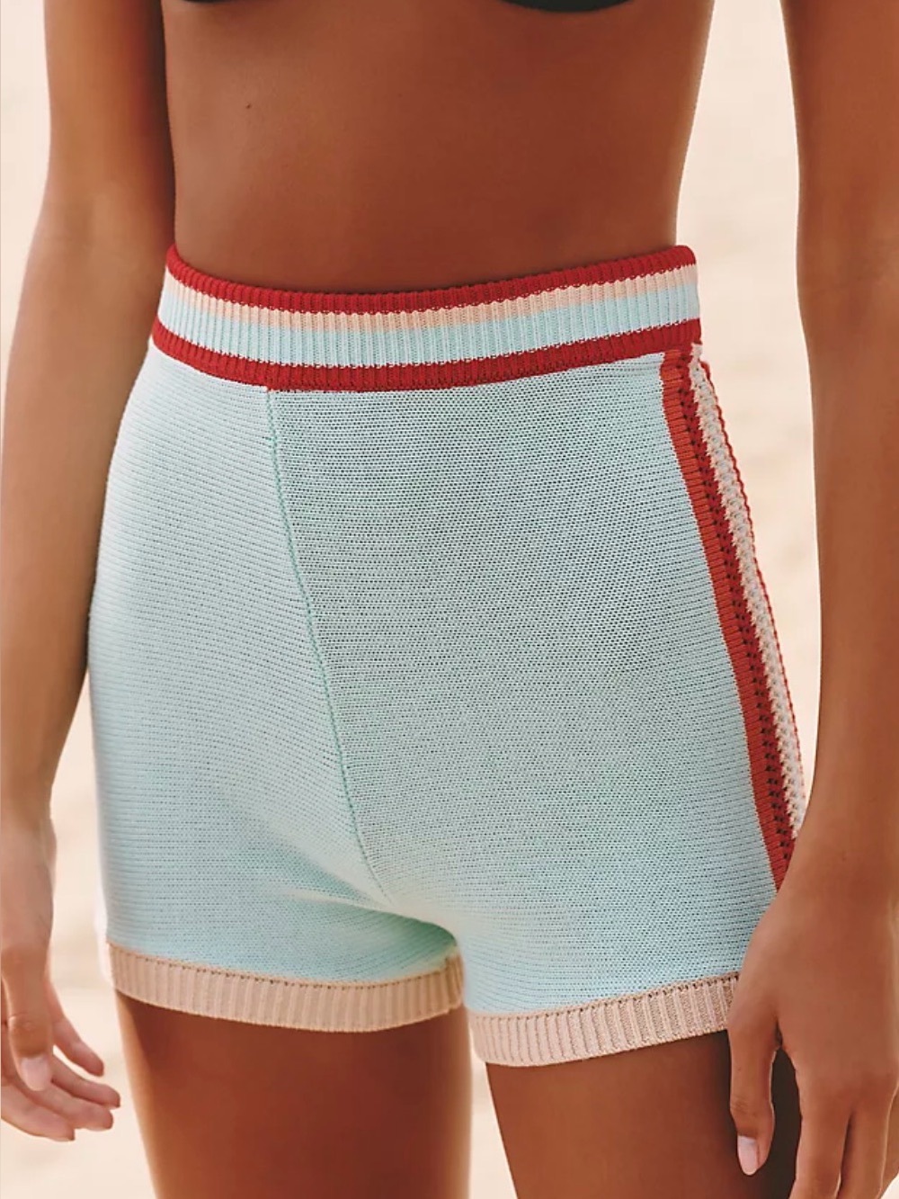Knit High-Waist Mini Shorts in Mint with Red Trim - Picture 1 of 8